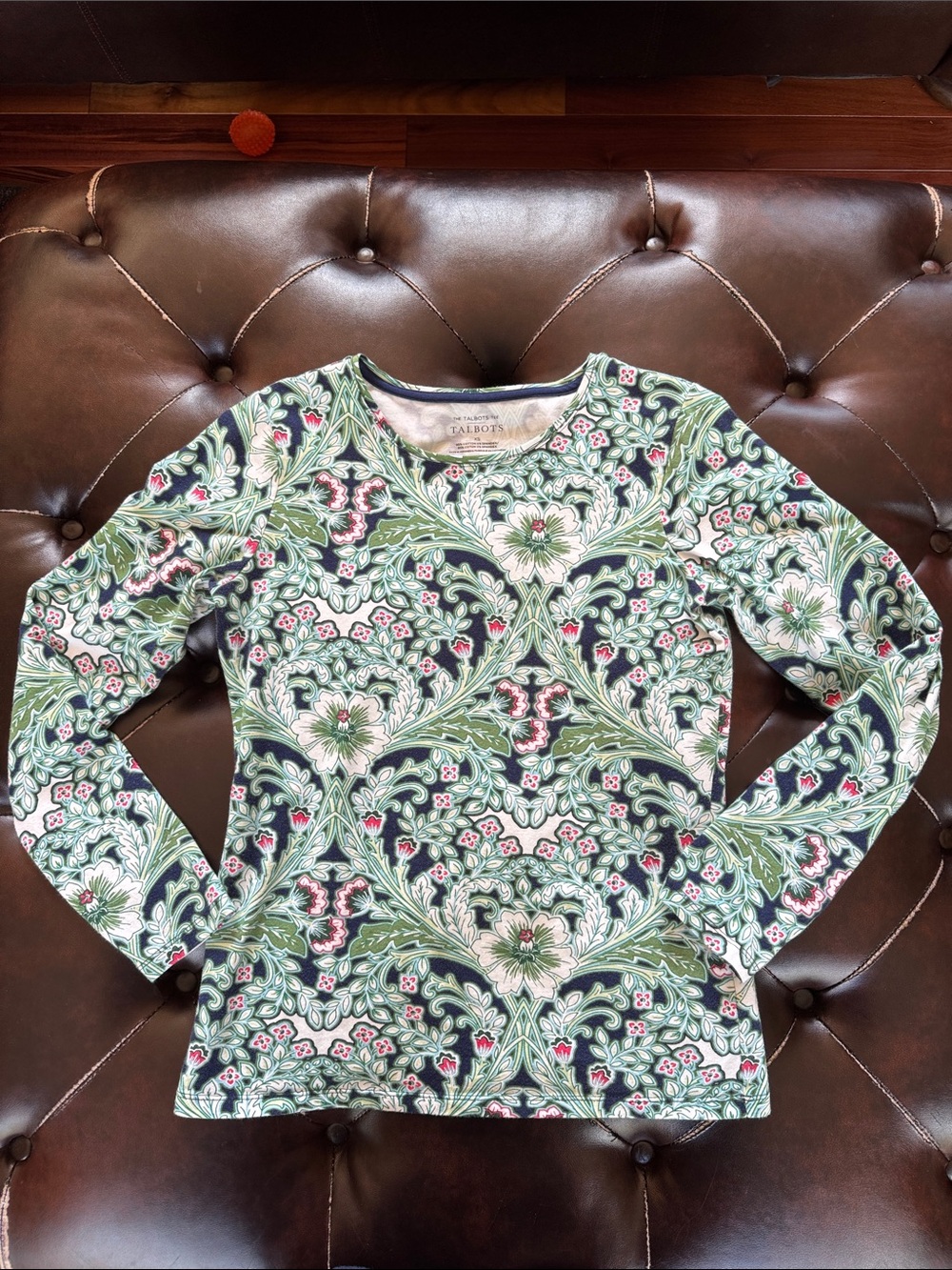 Talbots Green and Navy Floral Long Sleeve T with Fuschia Accents